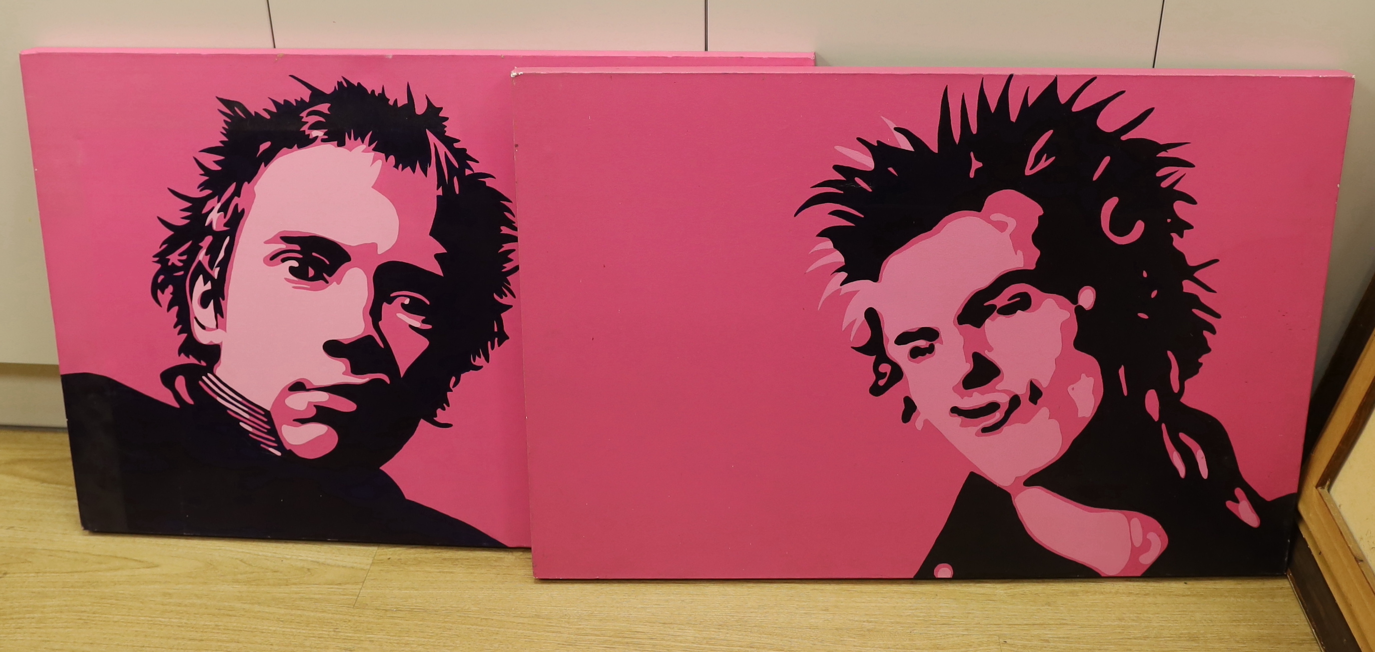 Nancy Vicious (nee Spungen, Sid Vicious's wife), two unframed oils on canvas of Sid Vicious and Johnny Rotten (one painting a.f.) and two singles